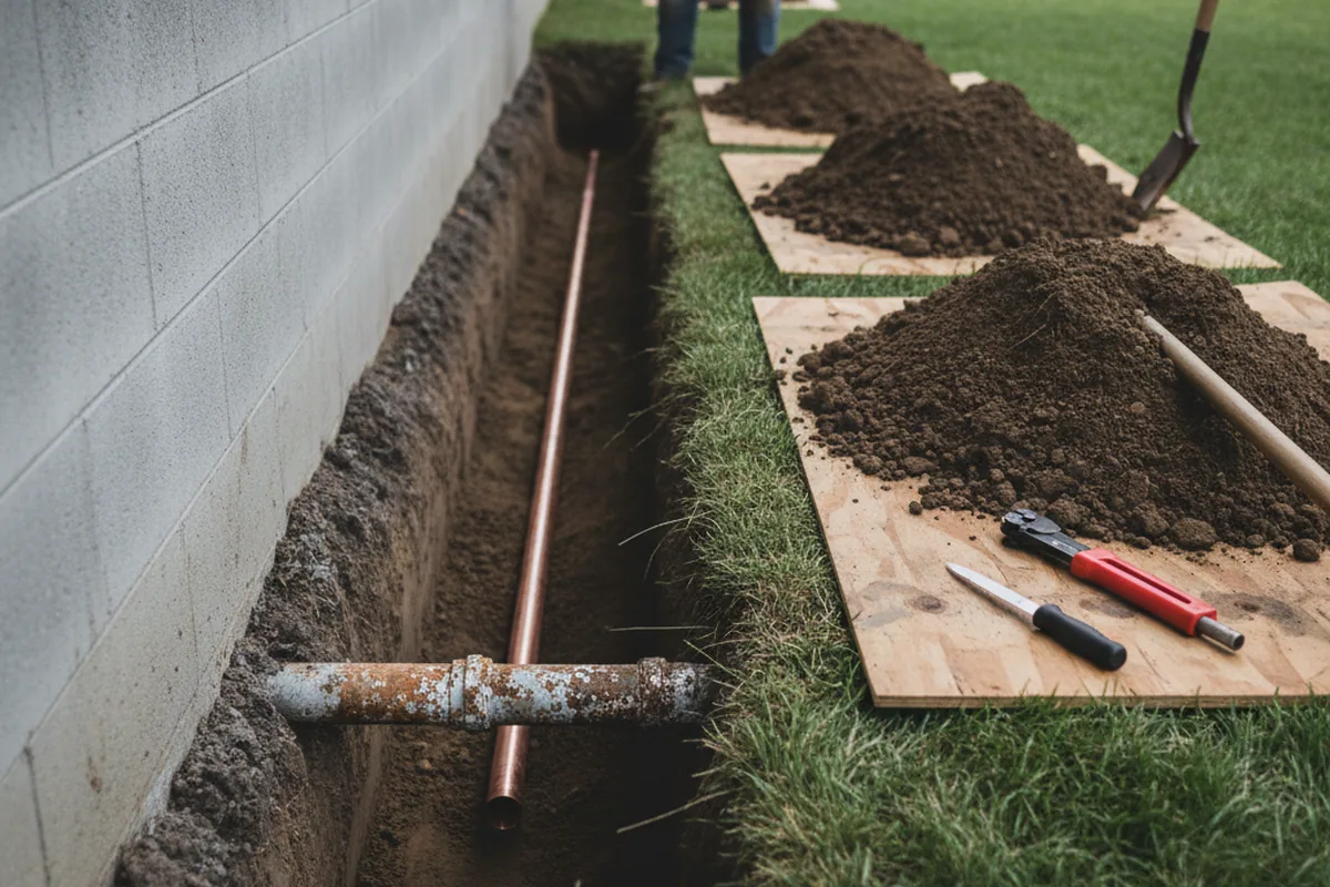 Excavated water line trench during Water Heater Repair in Issaquah